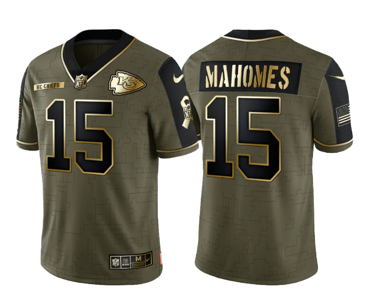 Men's Kansas City Chiefs #15 Patrick Mahomes 2021 Olive Salute To Service Golden Limited Stitched Jersey